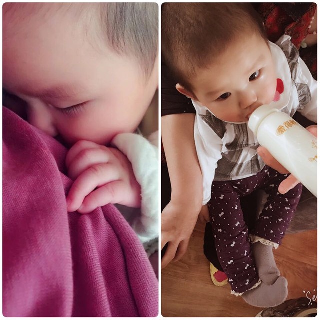 发一张宝宝在麻麻怀里喝neinei的样子和现在喝奶瓶的样子